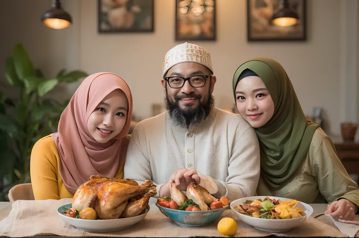 Generate a photorealistic scene of a joyful malay family seated around a well-laid dining table, featuring 1 matured malay father, 1 matured malay mother in hijab, 1 little daughter, and 1 little son. They are all smiling and sharing a big delicious roaste...