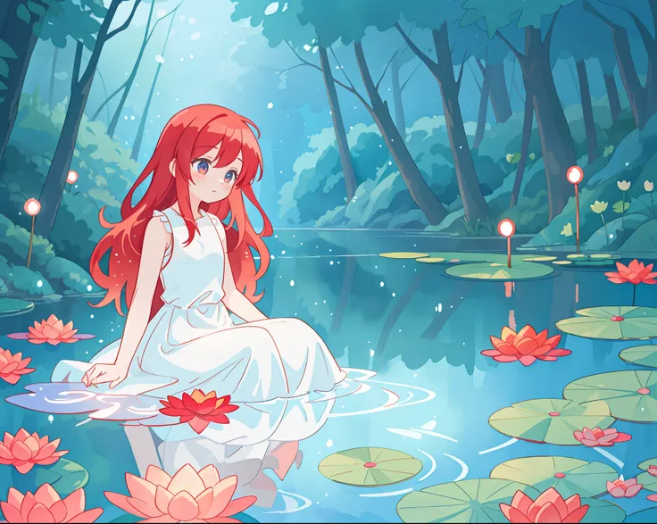 beautiful girl in flowing white dress sitting in the water, sleeveless white fairy dress, long red hair, magical forest background, red water lilies in the water, beautiful lake of water, watercolor illustration, disney art style, glowing aura around her, ...