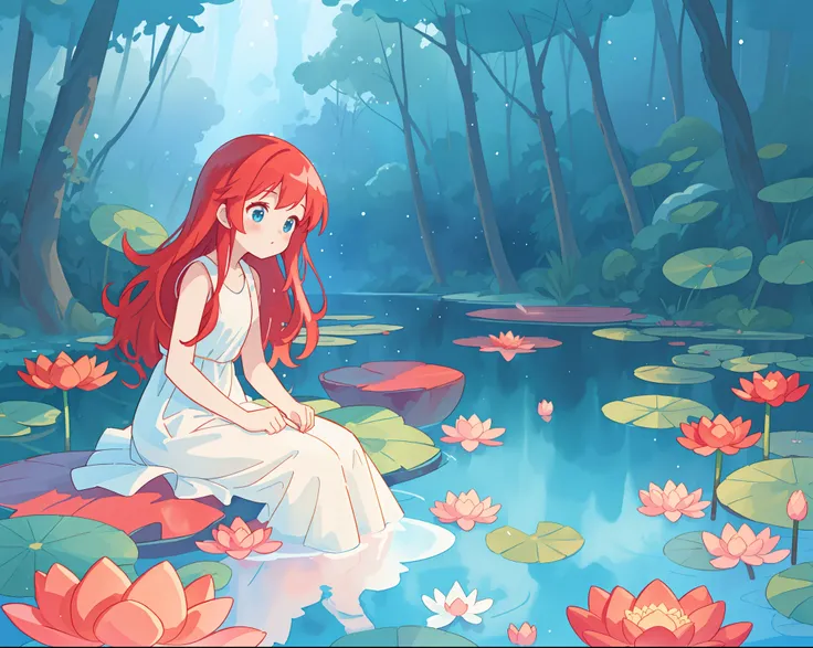 beautiful girl in flowing white dress sitting in the water, sleeveless white fairy dress, long red hair, magical forest background, red water lilies in the water, beautiful lake of water, watercolor illustration, disney art style, glowing aura around her, ...