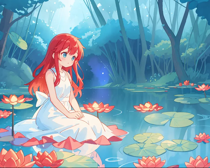 beautiful girl in flowing white dress sitting in the water, sleeveless white fairy dress, long red hair, magical forest background, red water lilies in the water, beautiful lake of water, watercolor illustration, disney art style, glowing aura around her, ...