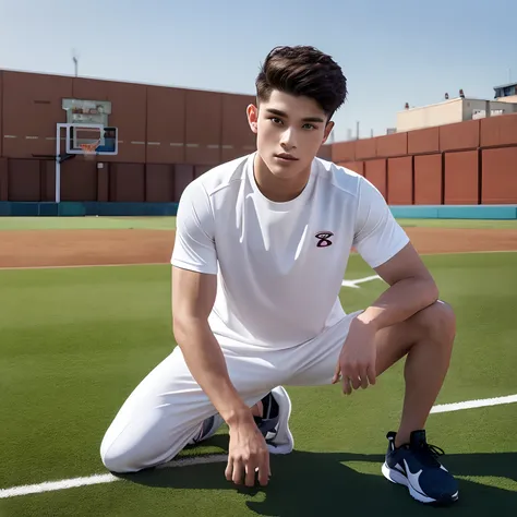 Drawing a full-fledged athlete，Stand on the central field of the gym，He wears high-end sportswear，The man looks confident and determined，looking-down，crewcut，full body Esbian，Shooting from below，penises