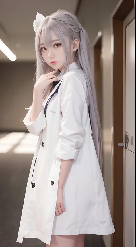 An anime girl with long hair and a white coat is standing in the hallway, girls frontline style, from girls frontline, from arknights, portrait anime space cadet girl, Cute anime girl, Anime visuals of cute girls, silver hair girl, an anime girl, Anime Mec...