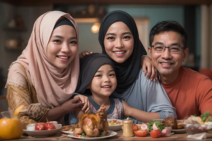 Generate a photorealistic scene of a joyful malay family seated around a well-laid dining table, featuring 1 matured malay father, 1 matured malay mother in hijab, 1 little daughter and 1 little boy. They are all smiling and sharing a big delicious roasted...