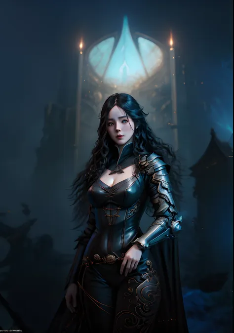 A woman in a futuristic costume stands in the firelight,（absurderes，A high resolution，ultra - detailed），1woman，a matural female，Older age，Long wavy hair，auburn hair，Coral-colored eyes，Delicate eyes and delicate face， Alice X. zhang, Yennefer, by Yang J, in...