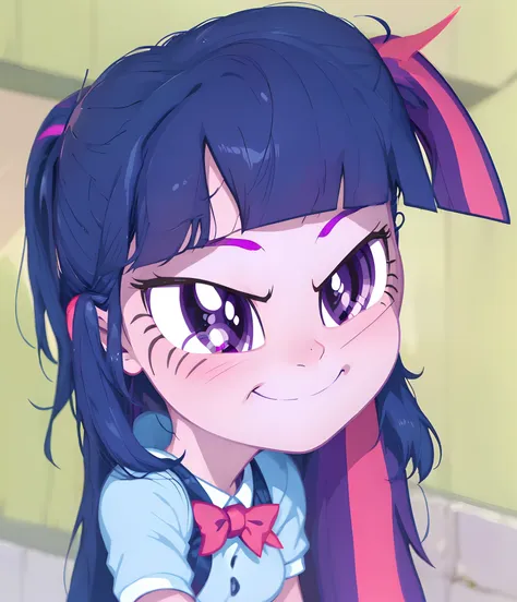 a close up of a cartoon girl with a pinkie on her face, cool twilight, twilight sparkle, giddy smirk, confident smirk, dark cool...