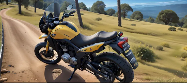 Moto esportiva de rodas grandes, tanque amarelo, painel preto, com paisagem em volta.