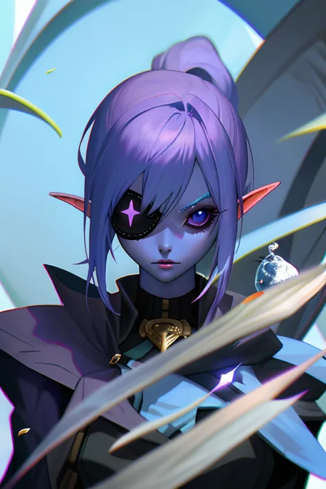 Blue skinned elf female with purple hair and black sclera With an eyepatch