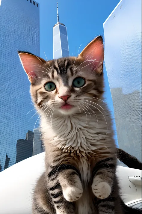 Mischievous little kitty scheming to hit the world trade center in its little jet plane