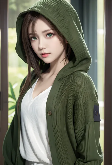 masterpiece, best quality,1girl,brown hair, short hair,green eyes, hood,open clothes,