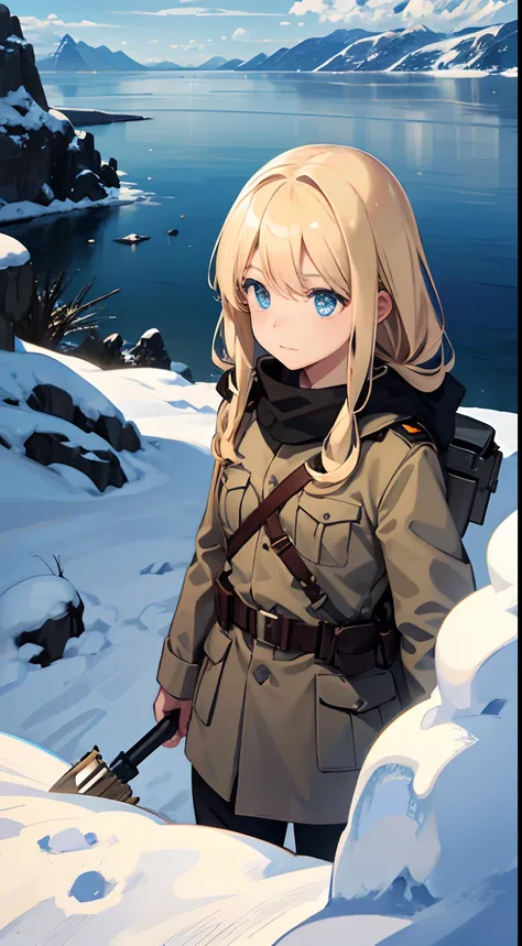 trench warfare, WW1, {{2 girls}}, blond, in snow mountain, fjord, ushanka, winter coat, BDU, civil engineering shovel, (best quality, perfect quality), high resolution, looking afar