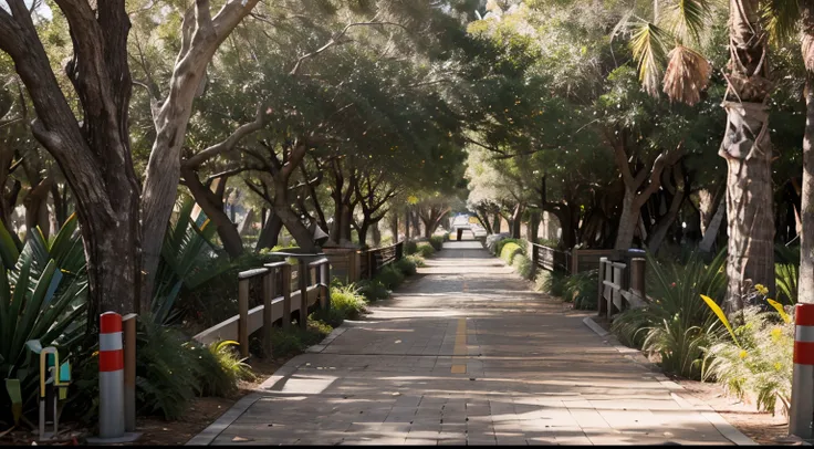 a hyper realistic photography of a Boardwalks Art Trail in Perth, Western Australia, no people, Nikon D850 DSLR 4k camera, 100mm lens, F 1.2 aperture setting, bright and natural lighting, vibrant, fun and relaxing atmosphere