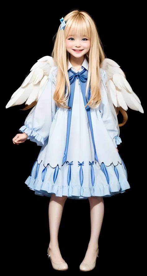 Arafed girl with blonde hair and angel wings wear white blue dress with blue ribbon tie, smiling face, funny face girl