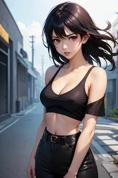 Makoto shinkai style, masterpiece, best quality, stunning woman, solo, attractive, charming, black Messy hair, medium hair, red lips, bright brown eyes, punk, crop shirt top, black shirt, small size rounded breast, cleavage, bangs, upper body character lin...