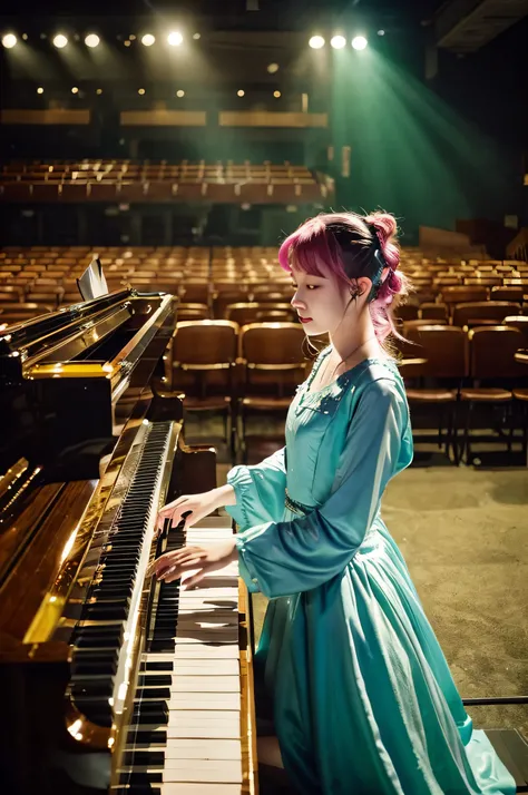 Woman, realistic character, Green hair with pink locks, Blue eyes, Anime, Alone, Modern, One Day in Cyberpunk、Pan-chan listens to live classical music、Visited a small hall in the city。 Who appeared on stage、Calm and graceful young man pianist。 Every time y...