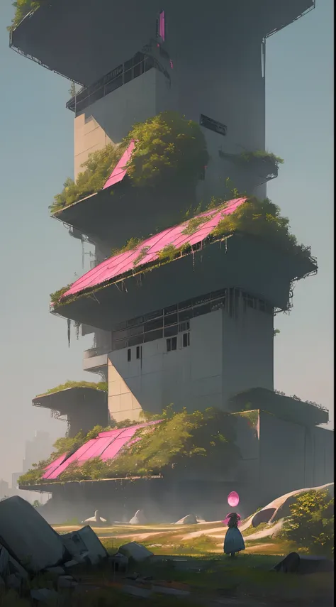 Aliens in rococo style in a German impressionist styled dystopian world with brutalist architecture. The aliens are pink and girly against colors of grey, black and white