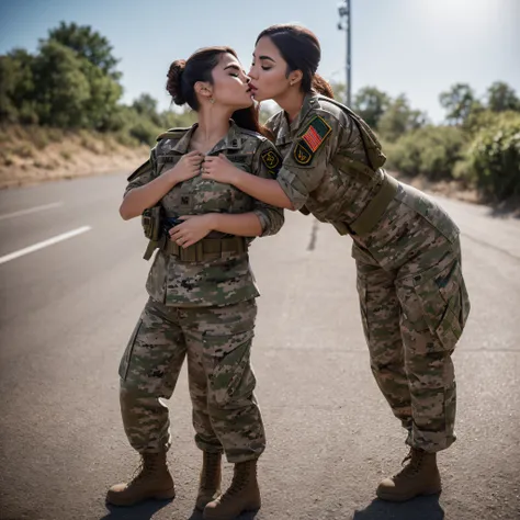 (Photorealistic), Beautiful lighting, Best Quality, Realistic, Full body portrait, real picture, Intricate details, depth of fields, 2 lesbian girls hugging and passionately kissing with tongues in mouths hand on chest and hand on ass hands between legs on...