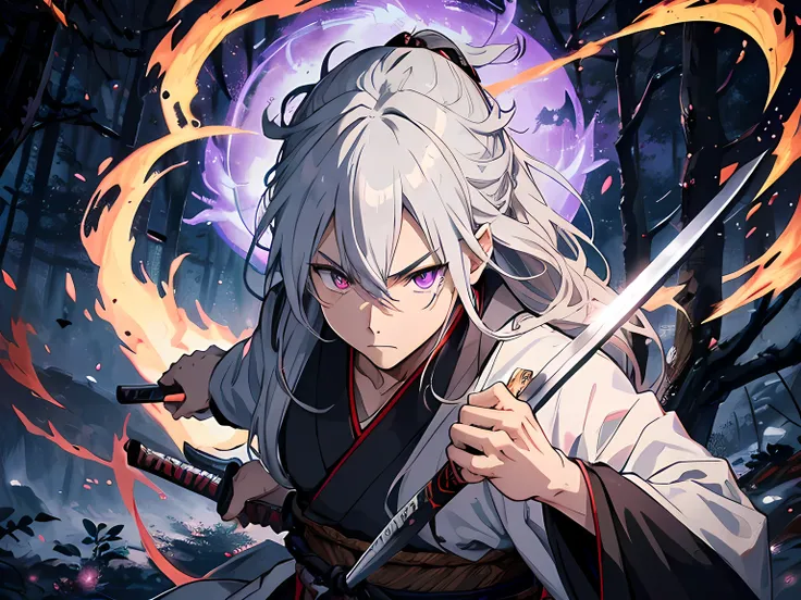 Japan samurai, long gray hair. he is a righteous samurai who fight evil. he wear white and black kimono. he is fighting with other samurai. he hold a sword with flames coming out from his sword. the background is in the forest. Masterpiece, high-resolution...