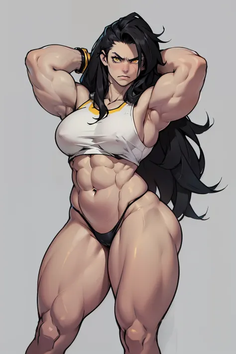 ((grey background))  pale skin black hair yellow eyes (very long hair) angry ((1 girl muscular toned body bodybuilder curvy wide hips thick thighs)) (solo) standing (arms over head)