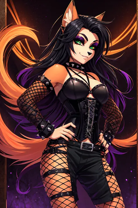 (best quality,4k,8k,highres,masterpiece:1.2),sexy fox girl,(fox snout,fox ears,goth style,punk hair,dark makeup,alluring green eyes,fiery-orange fur),wild and untamed expression,dangerous beauty,fiery-orange tail,fierce attitude,black leather choker,studde...