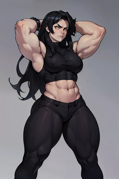 ((grey background))  pale skin black hair yellow eyes (very long hair) angry ((1 girl muscular toned body bodybuilder curvy wide hips thick thighs)) (solo) standing (arms over head) tight shirt tight pants