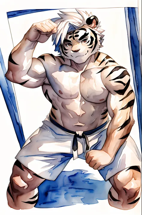 Hominidae, Pose for Camera. 4K, high resolution, Best quality, posted on e621, (Anthropomorphic white tiger:1.2), male people, 20yr old, Thick eyebrows, Light blue stripes, Ultra-short hair, shaggy, Strong body, large pecs, ((Shirtless)), He is practicing ...