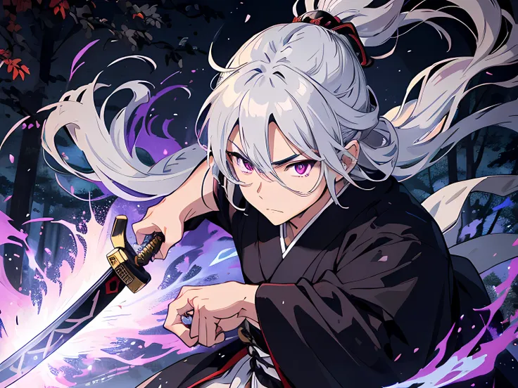 Japan samurai, long gray hair. he is a righteous samurai who fight evil. he wear white and black kimono. he is fighting with other samurai. he hold a sword with flames coming out from his sword. the background is in the forest. Masterpiece, high-resolution...