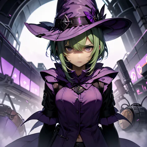 top-quality、extremely delicate and beautiful、(A teenage girl)、Purple Eye、Green hair、short-haired、(purple witch hat)、Purple tie、Tactical Vest、Soio、shortsleeves、Purple skirt、Purple Wizard Robe、Navel、is standing、Facing the front、Expression of hatred、Dark back...