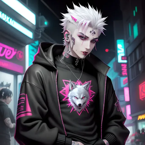 Anime man,wolf cut,lip piercings,pale skin, piercings, neon lighting,oversized sweater with cool cyberpunk design,01 tattoo on his neck in red ink