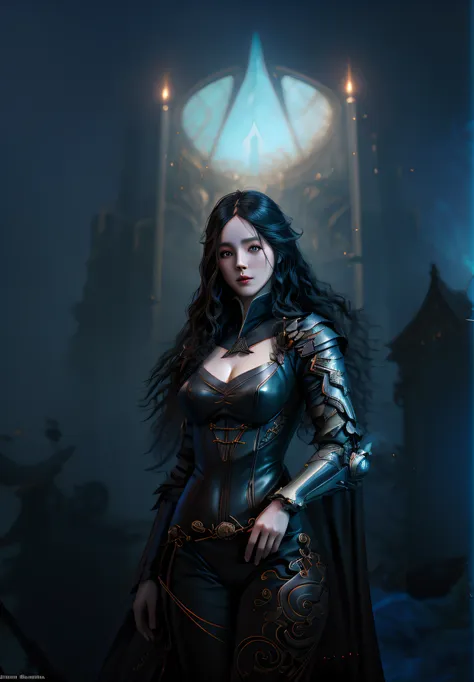 A woman in a futuristic costume stands in the firelight,（absurderes，A high resolution，ultra - detailed），1womanl，a matural female，Older age，wavy and long hair，auburn hair，Coral-colored eyes，Delicate eyes and delicate face， Alice X. zhang, Yennefer, by Yang ...