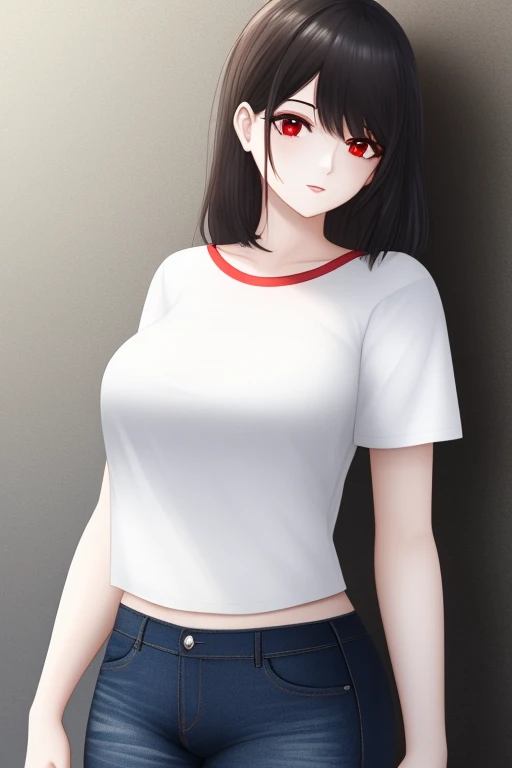 Black hair, red eyes, white t-shirt, pale skin, jeans, 1girl, spider features