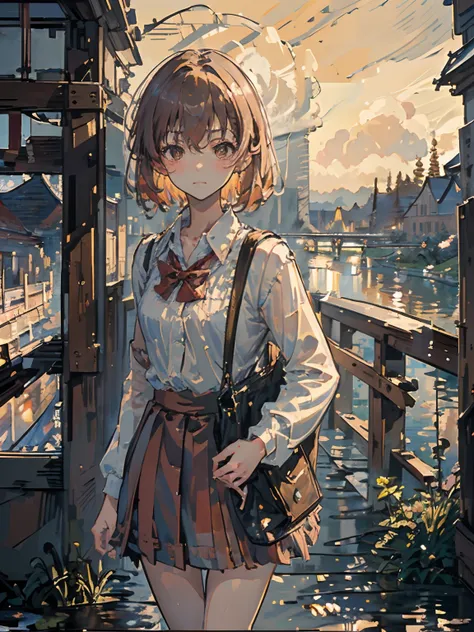 (masterpiece, best quality),(impressionism:1.4), misaka_mikoto, brown eyes, looking at viewer, solo, short_hair, closed_mouth, collared_shirt, looking_at_viewer, school_uniform, shirt, white_shirt, small_breast, classroom