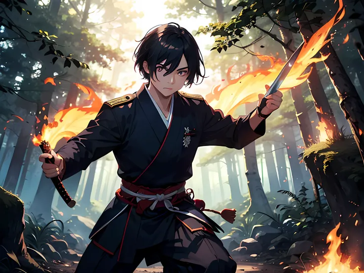 modern samurai, short navy hair. he is a righteous samurai who fighting with evil. he military uniform. he is fighting with unknown creatures. he hold a sword with flames coming out from his sword. the background is in the forest. Masterpiece, high-resolut...