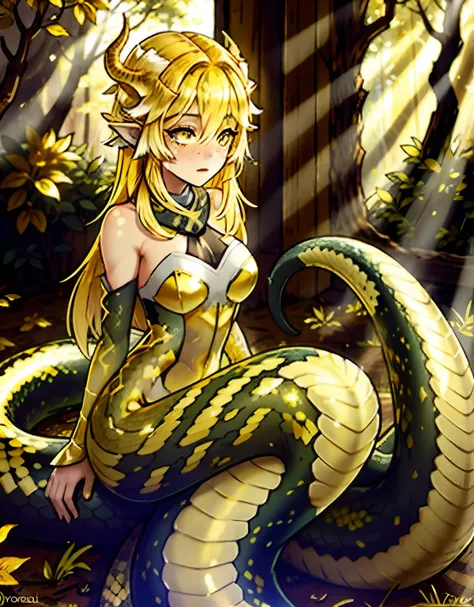 detailed snake skin, (adult ), solo focus, (lamia), stoic, monster girl, (short horns), beautiful eyes, beautiful background, ab...