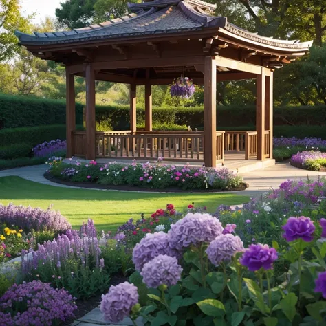 Purple flowers，trpical garden，the setting sun，Pavilion