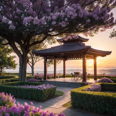 Purple flowers，trpical garden，the setting sun，Pavilion