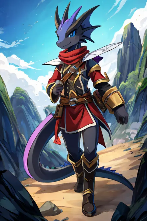 Skinny frilled lizard dragon adventurer fighter in the style of anime, Lunar series of games, blue eyes, dark black scales, wears a full adventuring outfit with scarf