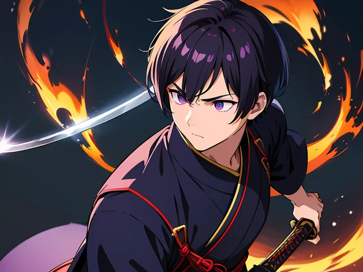 modern samurai, short navy hair. he is a righteous samurai who fighting with evil. wearing military uniform, fighting with unknown creatures. he hold a sword with flames coming out from his sword. Masterpiece, high-resolution, detailed eyes, purple eye col...