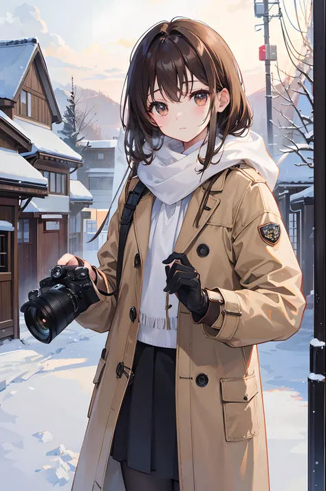 1人、The human、big sister、Looking at the camera、Longhaire、brown-eyed、brown haired、muffler、gloves、light brown long coat,、Snow Town、Have a camera