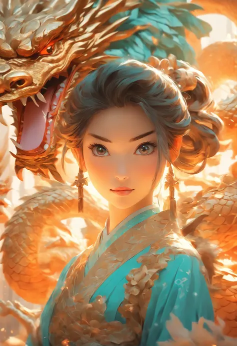 young ladies asian girl with dragon by ann luo blog, in the style of anime-inspired characters, light orange and dark cyan, 8k resolution, fantasy illustrated, close up, golden age illustrations, light bronze and white