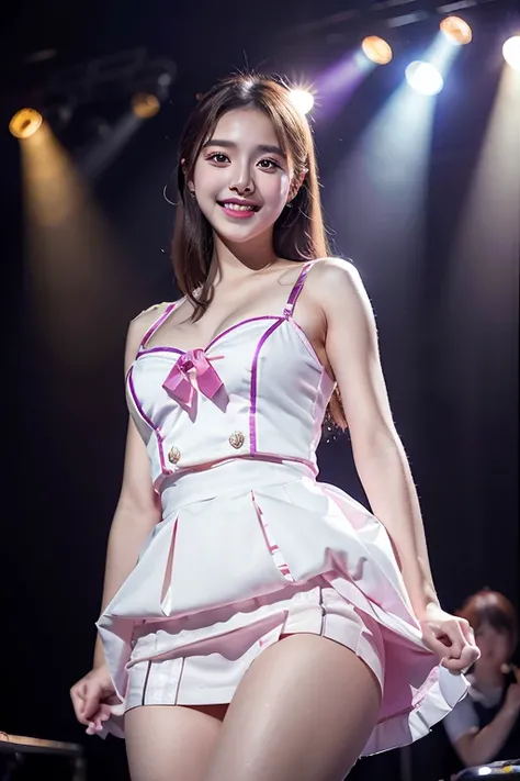 Realistic, Photorealistic, Masterpiece, Best Quality, One Girl, Solo, In the Stage, Stage Lighting, Stage Spotlight, Look At Audience, Smile, idol_singing_costume, (pureerosface_v1:0.8),Korean Idol,Nogizaka Idol,Actress,Gravure Idol