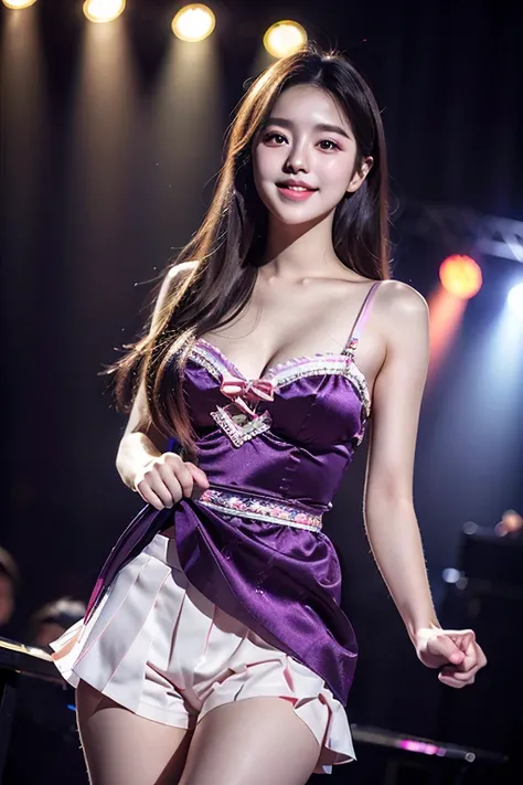 Realistic, Photorealistic, Masterpiece, Best Quality, One Girl, Solo, In the Stage, Stage Lighting, Stage Spotlight, Look At Audience, Smile, idol_singing_costume, (pureerosface_v1:0.8),Korean Idol,Nogizaka Idol,Actress,Gravure Idol