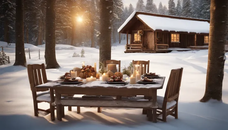 a table outside a cabin with gifts, shutterstock, very high resolution, by Dietmar Damerau, winter setting, by Franz Hegi, incredibly realistic, in the snowy landscape, enchanted inside winter forest with snow, photorealistic, hyperrealistic, detailed, wid...