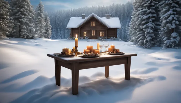 a table outside a cabin with gifts, shutterstock, very high resolution, by Dietmar Damerau, winter setting, by Franz Hegi, incredibly realistic, in the snowy landscape, enchanted inside winter forest with snow, photorealistic, hyperrealistic, detailed, wid...