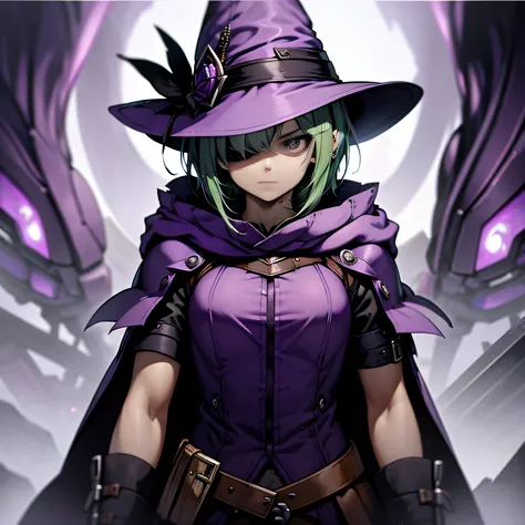 top-quality、extremely delicate and beautiful、(A teenage girl)、Purple Eye、Green hair、short-haired、(purple witch hat)、Purple tie、Tactical Vest、Soio、shortsleeves、Purple skirt、Purple Wizard Robe、Navel、is standing、Facing the front、Expression of hatred、Dark back...