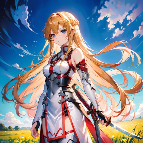 Anime girl with long hair and sword in field with sky background, asuna yuuki, asuna from sao, Epic light novel art cover, Detailed key anime art, Anime goddess, portrait of a female anime hero, Detailed digital anime art, high detailed official artwork, B...