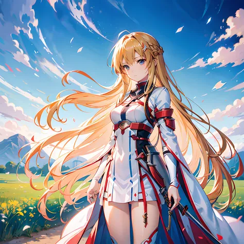 Anime girl with long hair and sword in field with sky background, asuna yuuki, asuna from sao, Epic light novel art cover, Detailed key anime art, Anime goddess, portrait of a female anime hero, Detailed digital anime art, high detailed official artwork, B...