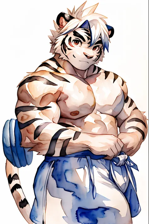 Hominidae, Pose for Camera. 4K, high resolution, Best quality, posted on e621, (Anthropomorphic white tiger:1.2), male people, 20yr old, Thick eyebrows, Light blue stripes, Ultra-short hair, shaggy, Strong body, large pecs, ((Shirtless)), He is practicing ...