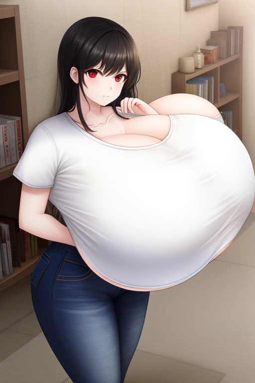 Black hair, red eyes, white t-shirt, pale skin, jeans, 1girl, (large breasts:1.5), bedroom