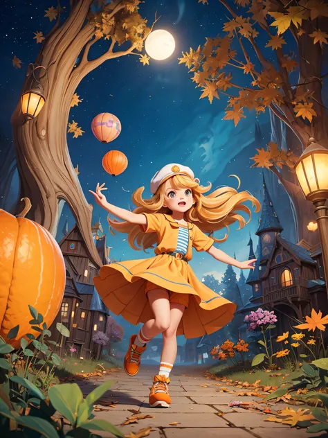 Art by Crayonmaniac, Anne Stokes and Alex Prihodko, full body of a cute roller skater girl 6 years old, blond curly hair, wear a striped shirt and short pants, cap , dynamic pose, a full size Orange-white Mainecoon cat runs behind her, in a autumn park,  d...