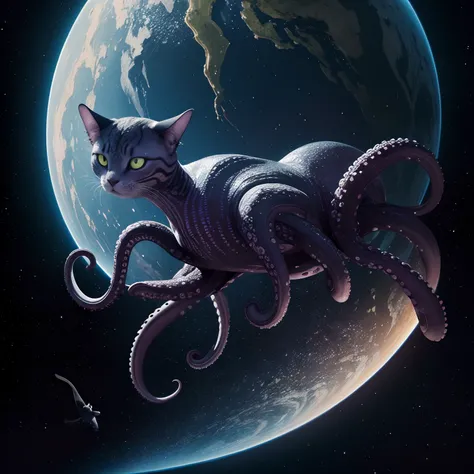 The alien is a creature that is a combination of a cat and an octopus, and his name is Goose. galaxy, plane, finest image, (8k, RAW photo, realistic), detailed and delicate depiction and flashy and dynamic painting method